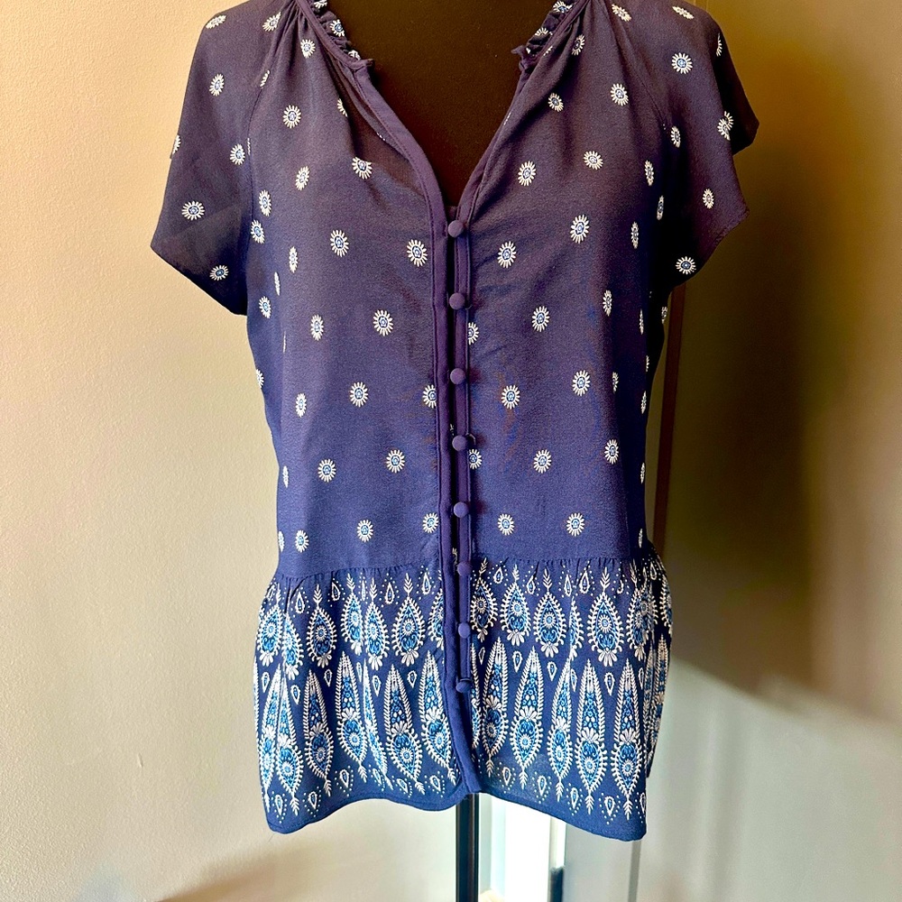 Ann Taylor Loft Geo Ruffle PeplumTop Size M